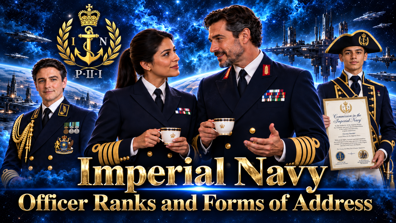 Group of four officers in navy uniforms with medals, space-themed background with ships and planets, text 'Imperial Navy Officer Ranks and Forms of Address'.
