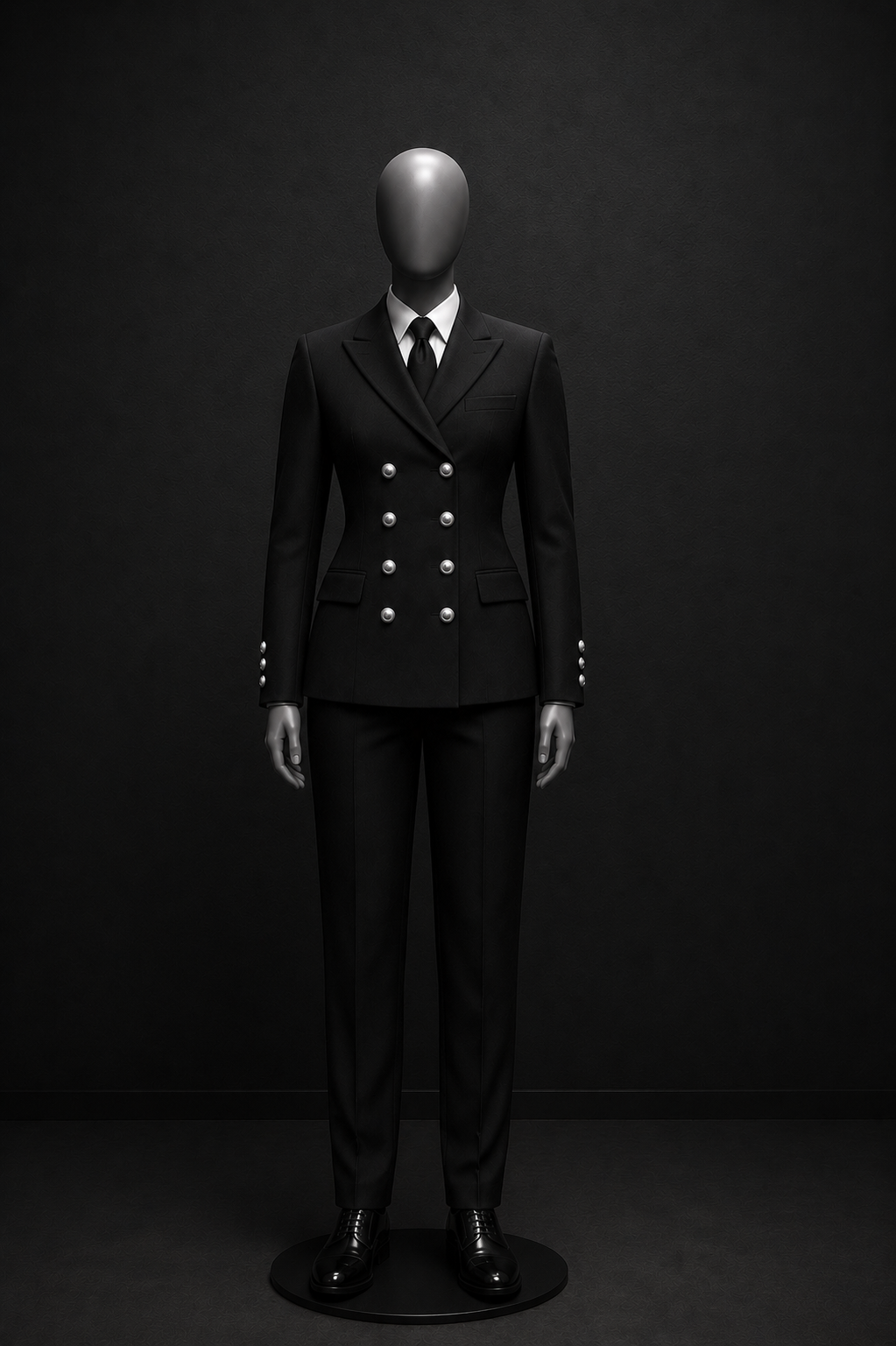 Deck dress of a Navy attached female Black Hand. Black boots, black trousers, black double breasted jacket with eight silver buttons, white shirt, black tie.