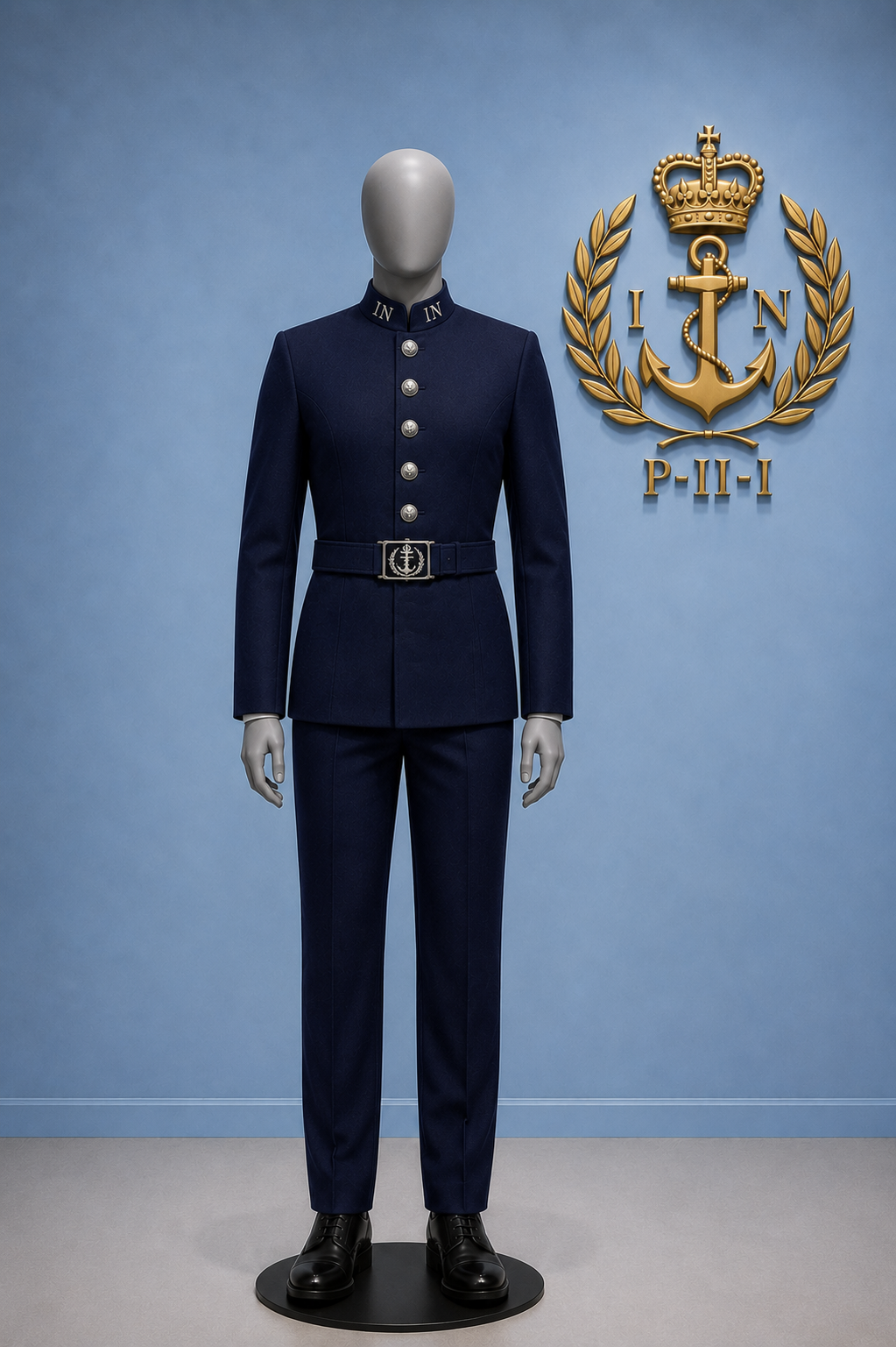 Male Navy Rating's deck dress: Black boots, navy blue trousers, single breasted high collar jacket with silver buttons and IN in silver on each side of the collar.  Navy blue stable belt with the Navy crest as the buckle.