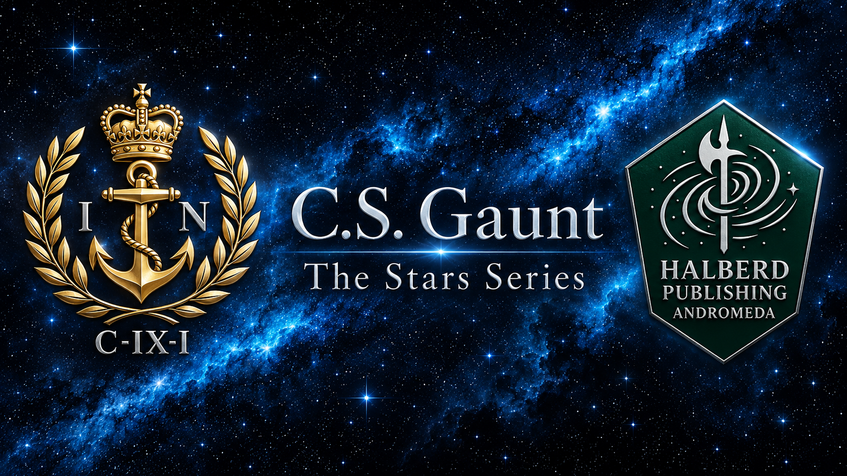 Space background with a galaxy and stars, with text and emblems for 'C.S. Gaunt, The Stars Series' and logos for Halberd Publishing and Andromeda.