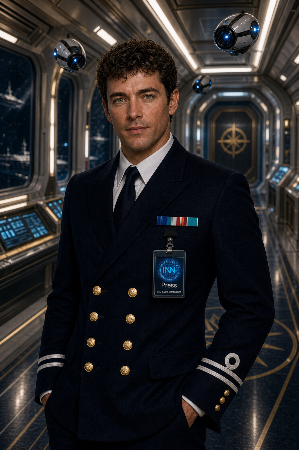 Paul Mendes aged about 32 stands in a starship corridor in the uniform of a journalist embedded into the Imperial Navy.  Several camera drones hover above his head.