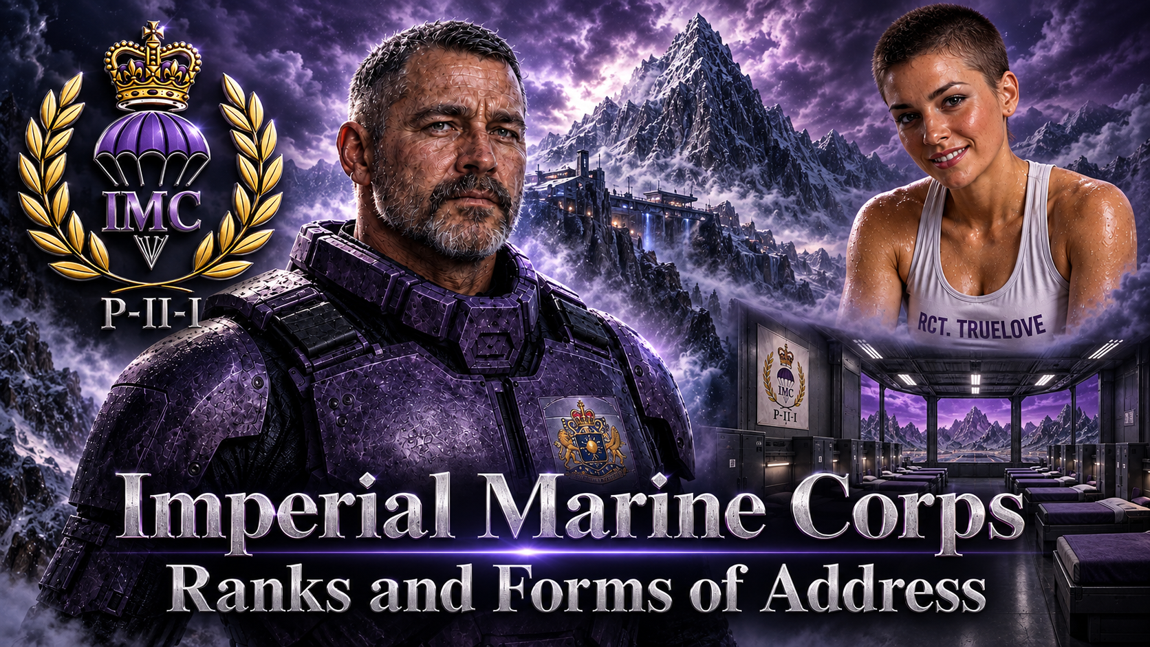 A digitally created scene featuring two individuals in the foreground, one male in purple armor and one female in athletic attire, with a mountain landscape, a spaceship, and a military base interior in the background. There is a large emblem with a crown and laurel leaves in the top left corner, and the text "Imperial Marine Corps Ranks and Forms of Address" at the bottom.