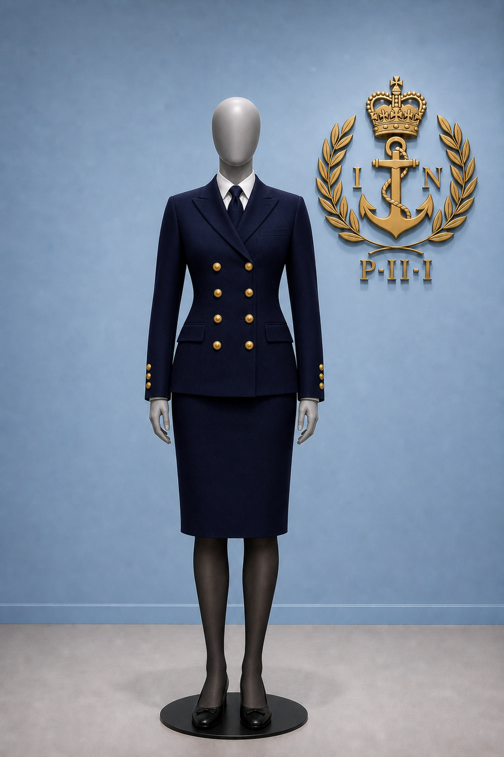 The deck dress of a female Navy Officer. on a tailor's dummy.  Black shoes, black tights, Navy blue knee length skirt, navy blue jacket with eight gold buttons plus three on each cuff, white shirt and navy blue tie.