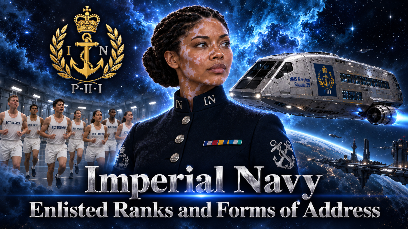 A futuristic illustration of a woman in a military uniform with the emblem of the Imperial Navy, space-themed background with stars and nebulae, a spaceship labeled 'HMS Garston Shuttle 29', a group of runners in athletic gear labeled with various names, and the title 'Imperial Navy Enlisted Ranks and Forms of Address'.