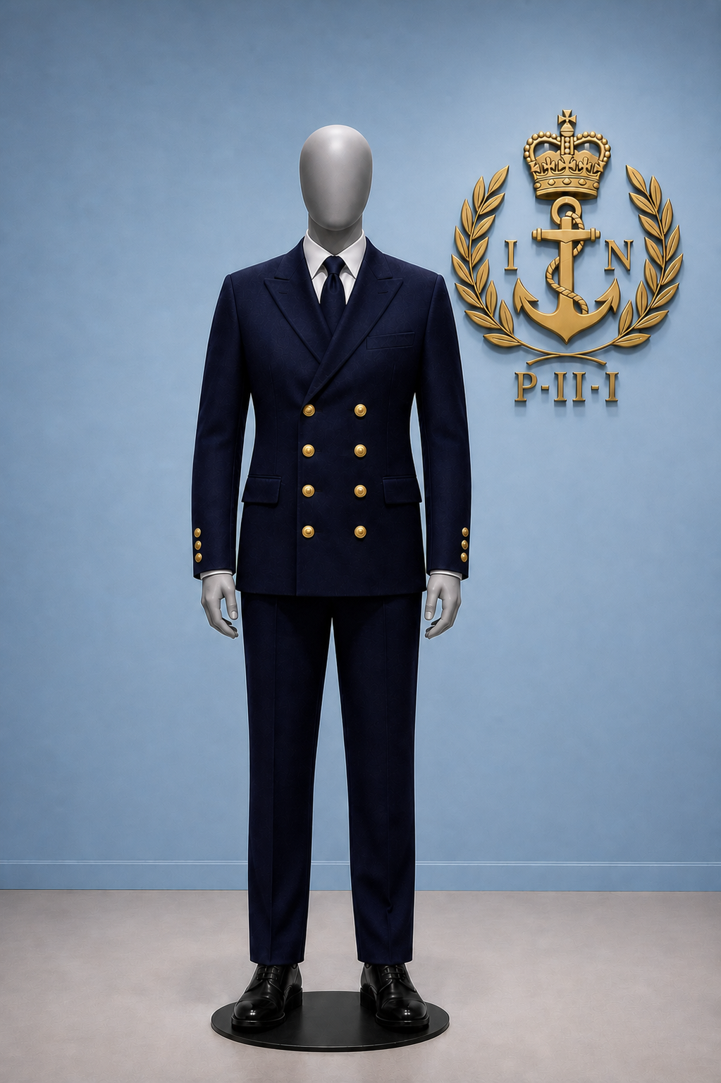 The deck dress of a male Imperial Navy officer on a tailor's dummy.  It comprises of black boots, navy blue trousers, a navy blue double breasted jacket with eight gold buttons, and three on each cuff, a white shit and a navy blue tie.
