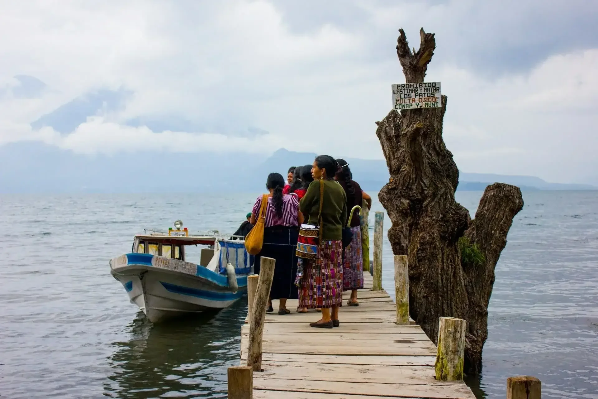 Group of people on a wooden dock by a boat, with a large, gnarled tree and a sign that reads in Spanish, 'Prohibited to fish and swim, mud flats, Q-200, CONAP and Muni,' and a cloudy sky over a body of water.