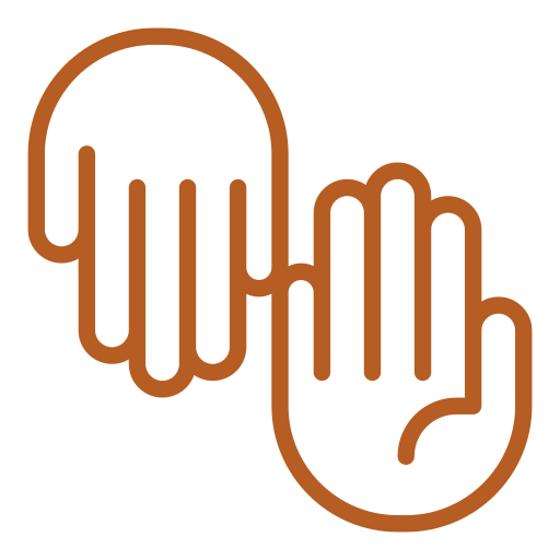 An icon of two hands, one raised and one lowered, in a minimalistic brown line art style.