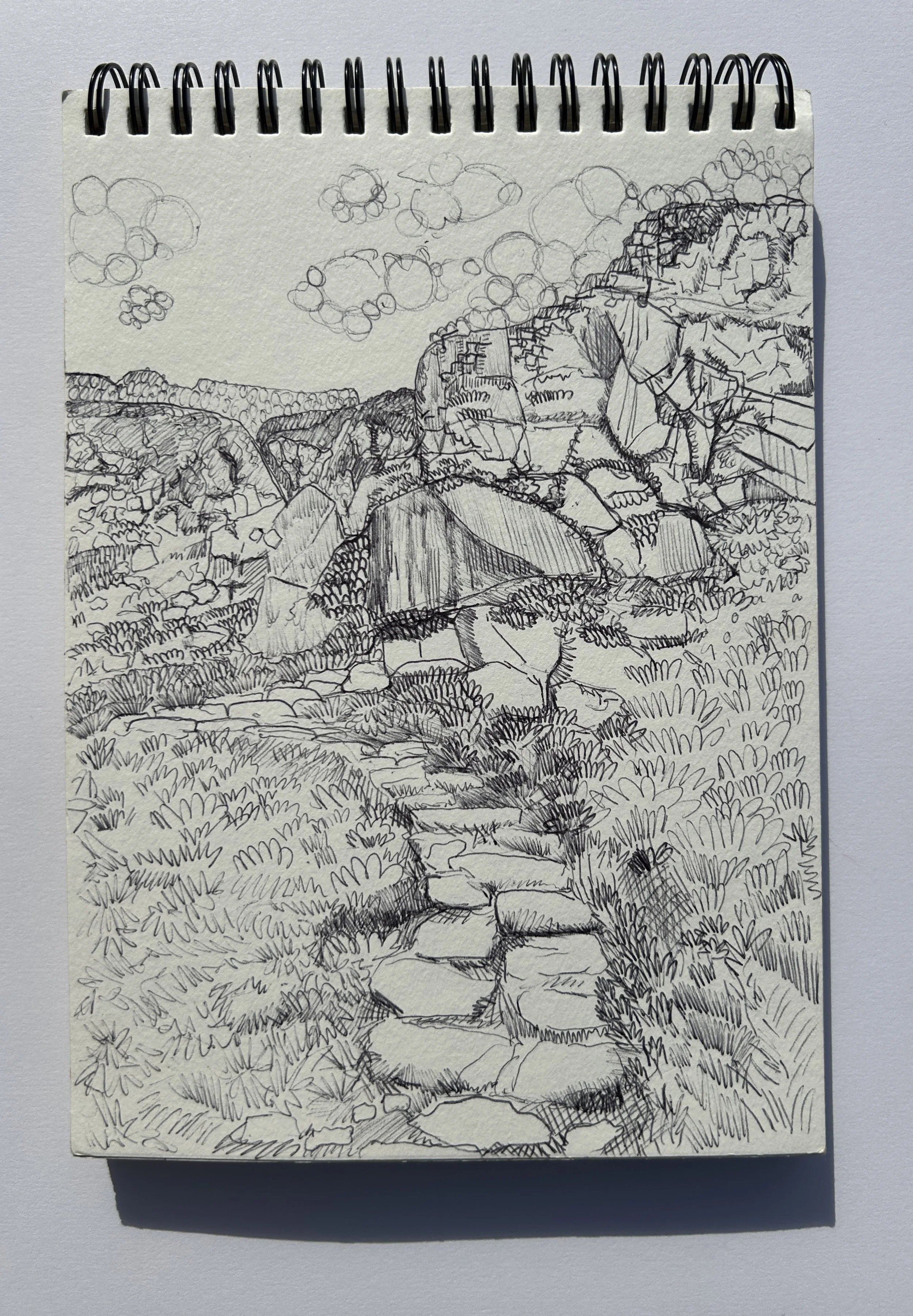 Biro sketch of walking trail in Ogwen Valley, Wales, 2026
