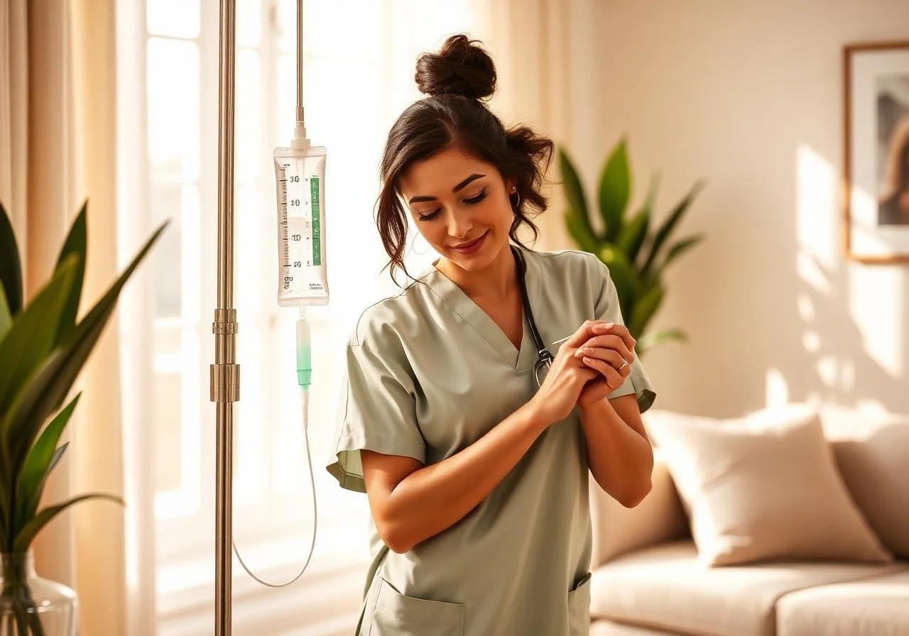 A nurse standing in a bright room with sunlight, holding her hands together and smiling, with an IV drip hung on a stand beside her.