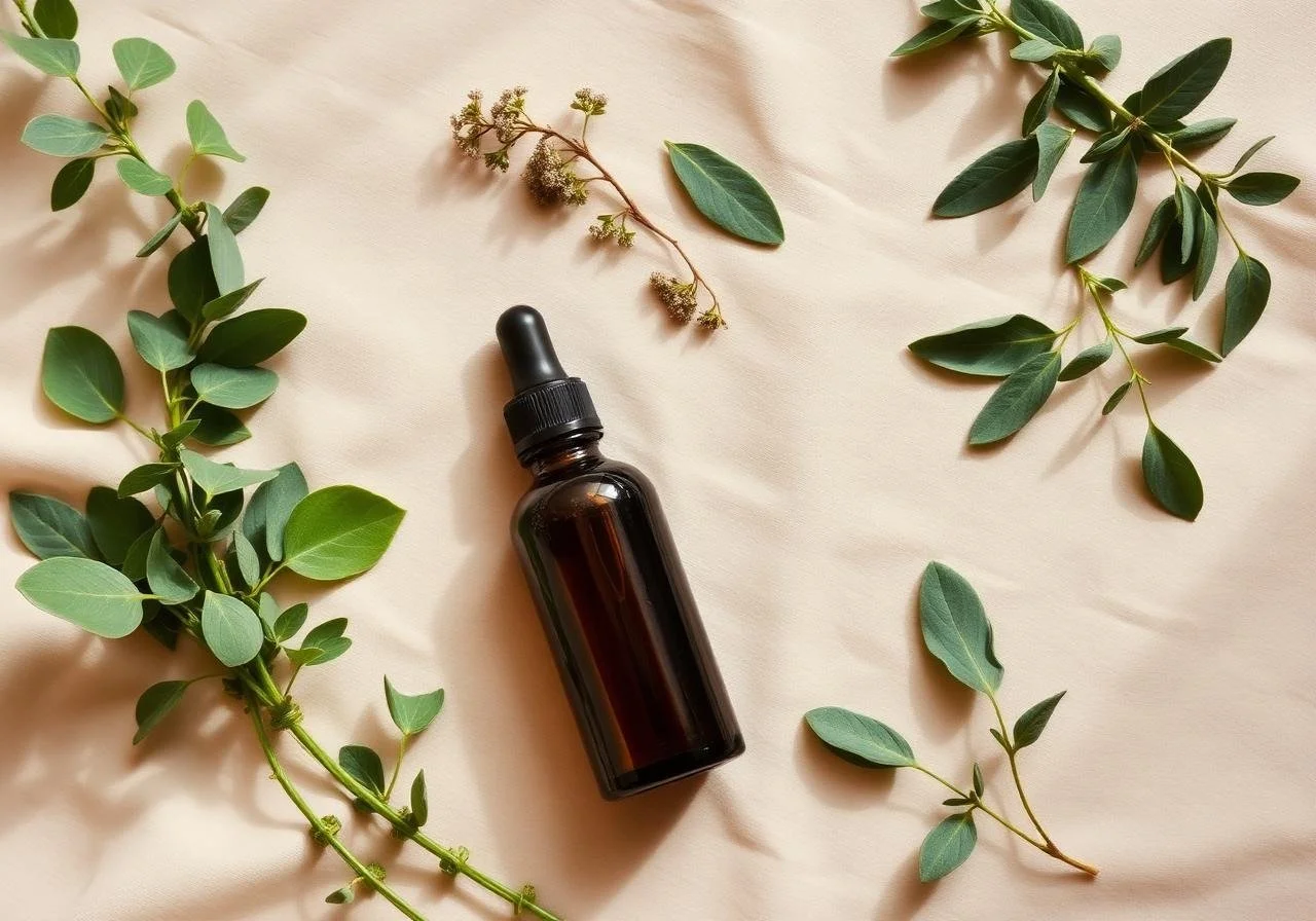 A dark amber glass dropper bottle surrounded by green eucalyptus and other plant leaves on a beige fabric background.