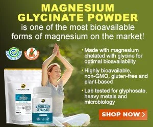 Advertisement for magnesium glycinates powder with a woman practicing yoga, green background, bottle of supplement, and call to action button.