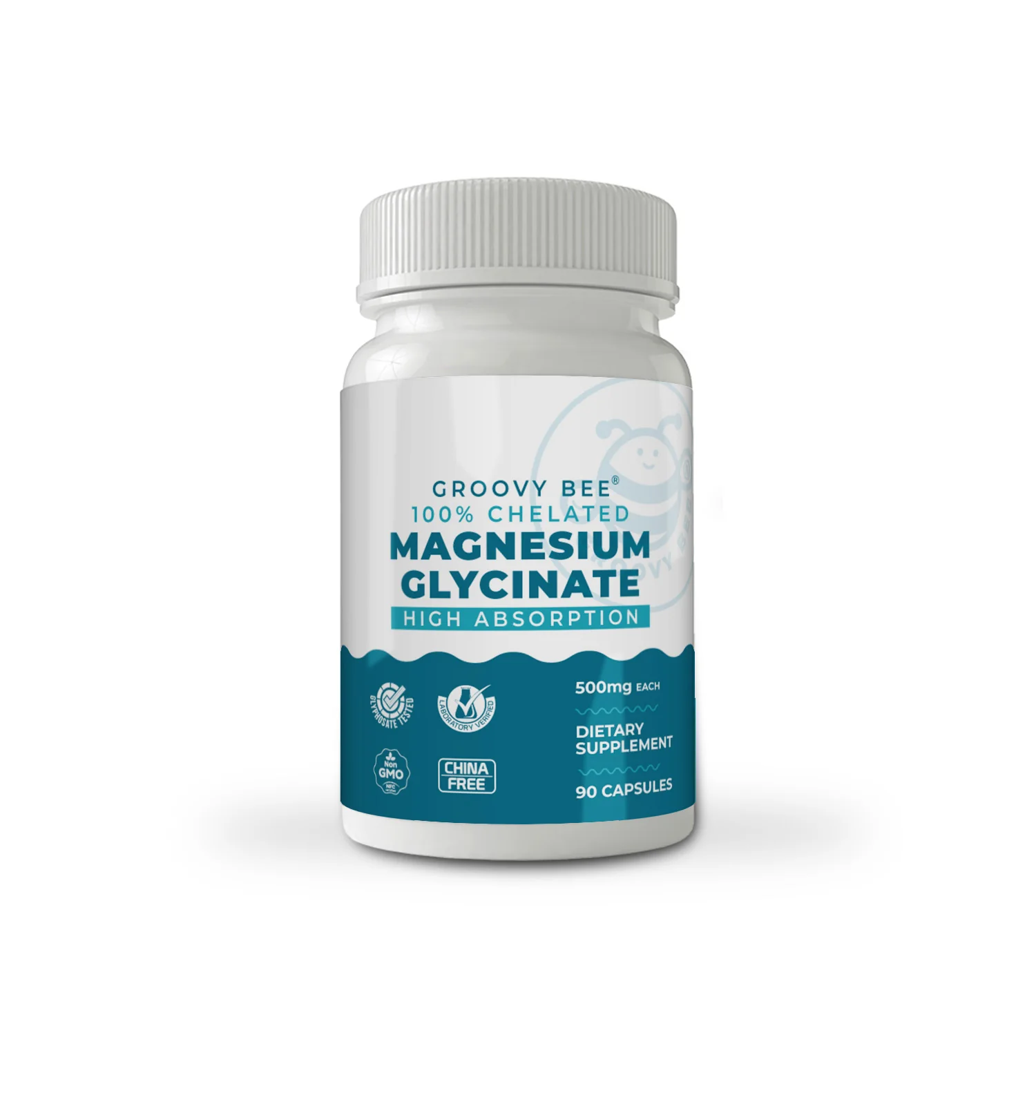 Bottle of Groovy Bee magnesium glycinate dietary supplement with white cap, white and blue label.