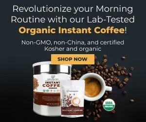 Advertisement for organic instant coffee featuring a jar of coffee and a cup of coffee with coffee beans scattered around.