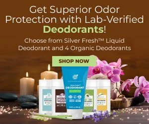Advertisement for deodorants featuring various spray and stick deodorant products, candles, and pink orchids.