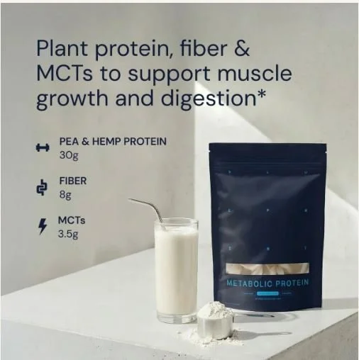 Text describing plant protein, fiber, and MCTs with a glass of protein shake, a scoop of protein powder, and a package of metabolic protein on a white surface.