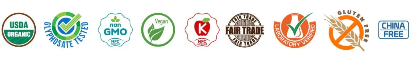 Row of ten certification icons including USDA Organic, Glyphosate Tested, Non-GMO, Vegan, Certified K, Fair Trade, Laboratory Verified, Gluten Free, No Wheat, and China Free.