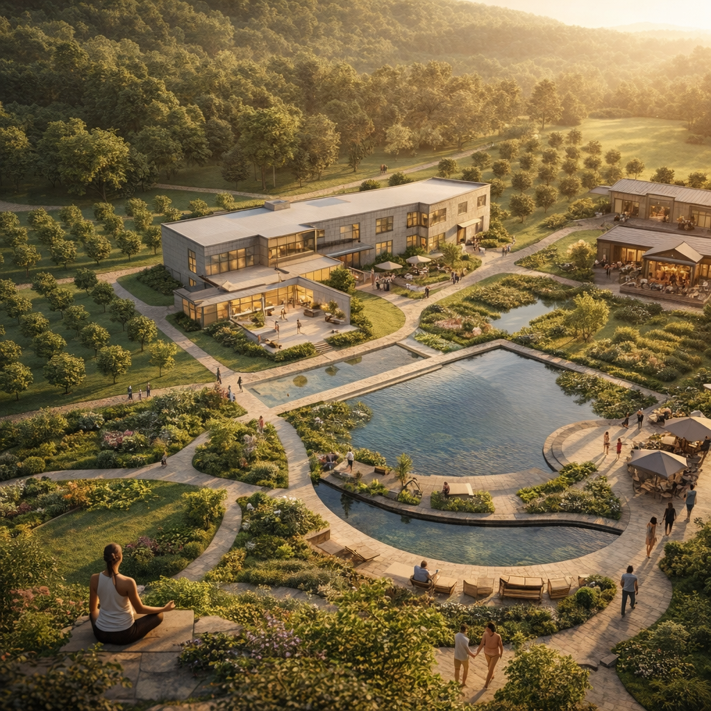 An Integrated Wellness and regenerative medicine hub next to an agriculture space( orchard, ponds, chicken pasture,...) and local farmstore/restaurant