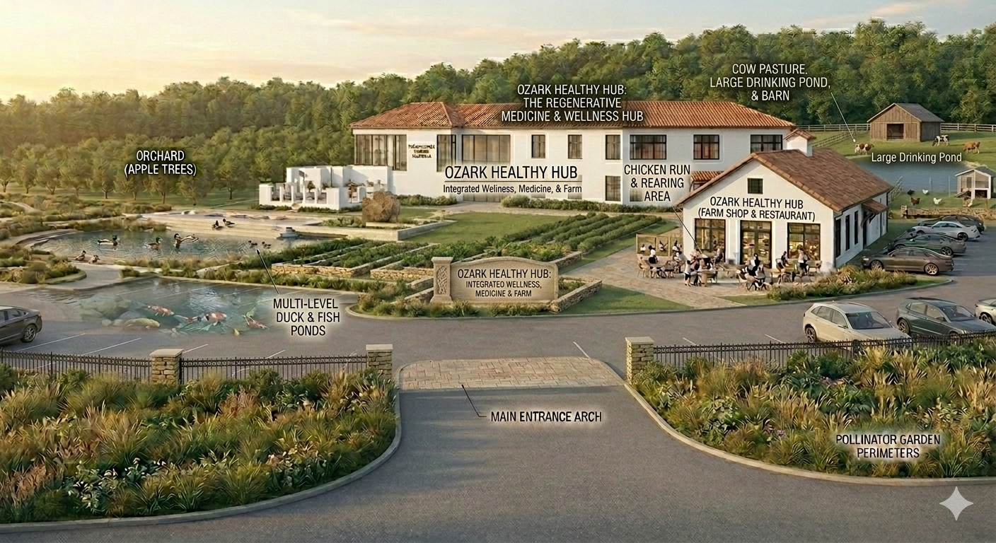 A detailed illustration of the Ozark Healthy Hub and surrounding landscape, including orchards, ponds with ducks and fish, a barn, parking lot, a farm shop and restaurant, outdoor seating, paths, a pollinator garden, and various farm and wellness facilities.
