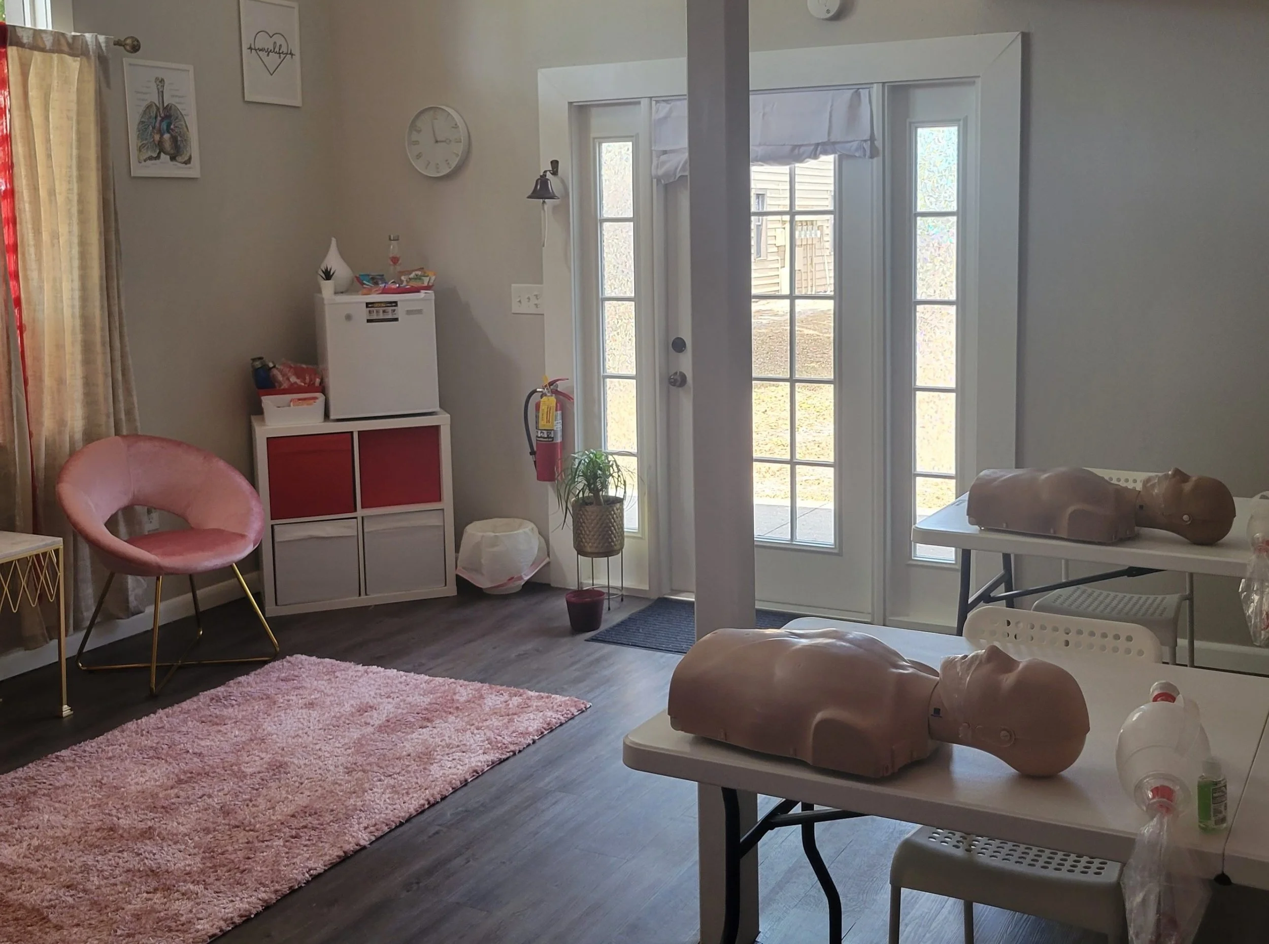 A cozy room with sliding glass door leading outside, pink rug, pink chair, small white cabinet, decorative wall art, and various medical mannequins on a table.