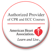 Logo for the American Heart Association with text 'Authorized Provider of CPR and ECC Courses' and a heart with a medical cross