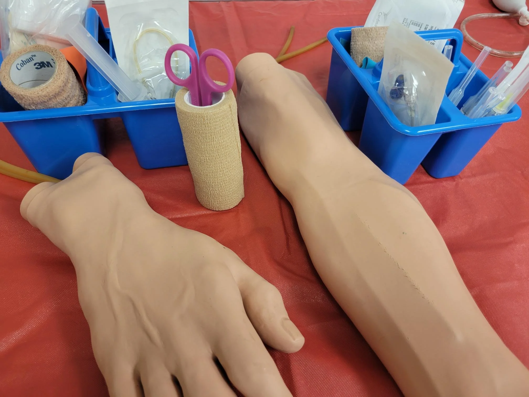 Medical training mannequin forearms with medical tools and supplies arranged on a red surface.