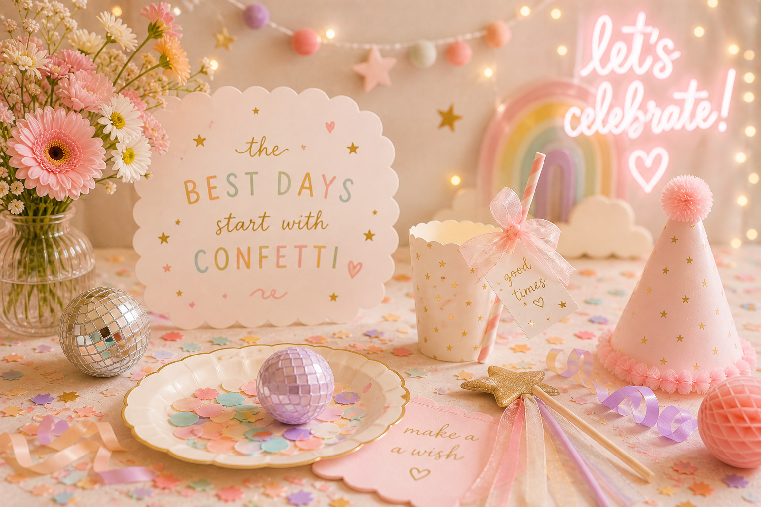 Colorful birthday party table with balloons, confetti, a floral bouquet, a sign that reads 'the best days start with confetti,' party hats, a paper cup with a straw, and decorative lights and rainbow backdrop in the background.