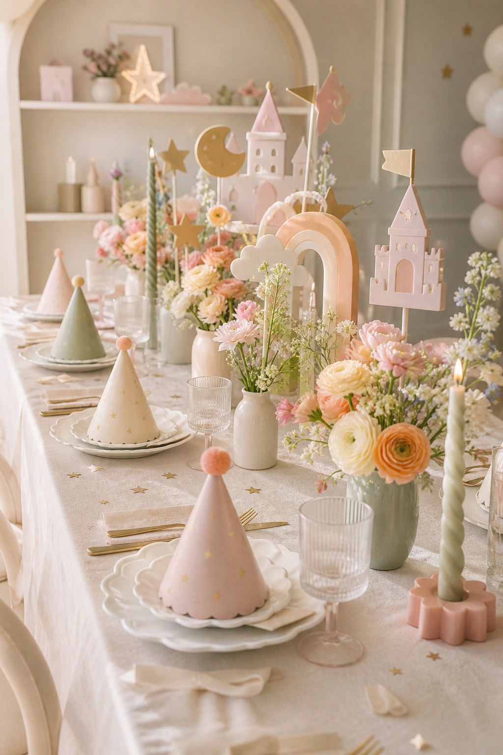 Table set for a celebration with pastel-colored party hats, floral centerpieces, and castle and star themed decorations.

kids-party-west-chester-pa.jpg