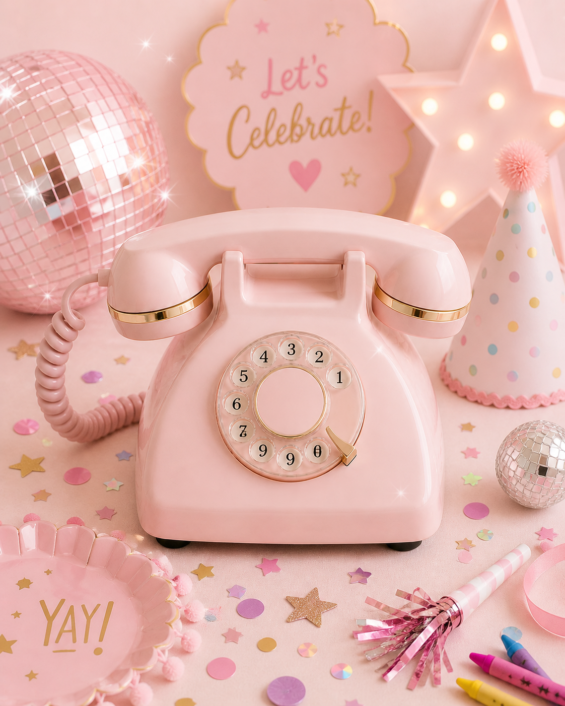 A pink vintage rotary phone placed on a pink table with colorful confetti, star-shaped decorations, a disco ball, a white party hat with pastel polka dots, a pink 'YAY!' paper plate, a party horn with pink ribbon, and some colored markers. In the background, a pink sign says 'Let's Celebrate!' with a heart and stars, and there is a large star-shaped light.