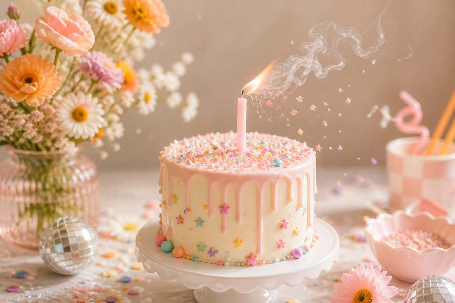 A birthday cake with pastel pink drip icing, colorful star and round sprinkles, a lit candle, surrounded by flowers, confetti, and party decor.