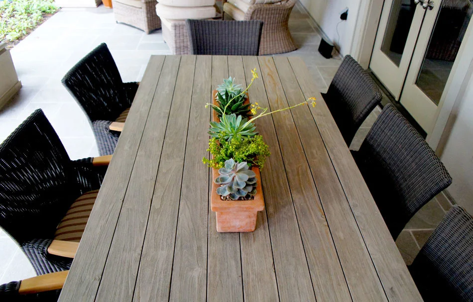 Succulents in a linear terra cotta planter rest atop the outdoor dining table near the courtyard.
