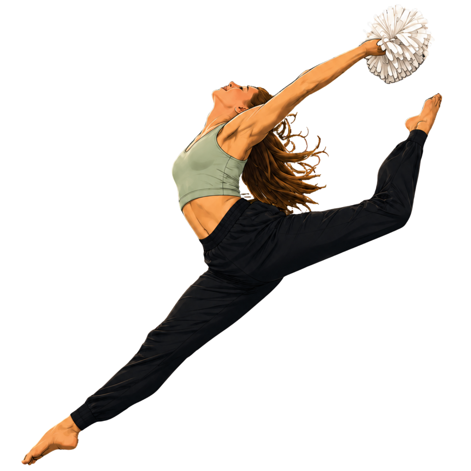 Dance team athlete performing a firebird jump with poms to demonstrate strength, flexibility, and performance skills.