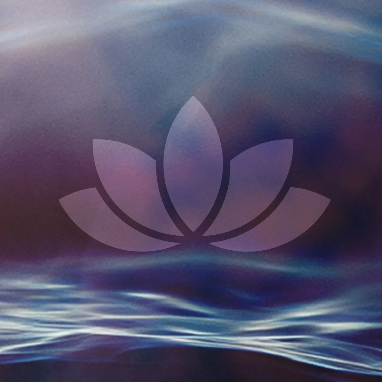 Ein digitaler Hintergrund mit einem stilisierten Lilien- oder Lotusblumen-Logo, umgeben von einer meerähnlichen Wellenstruktur und einem holographischen Farbspektrum.