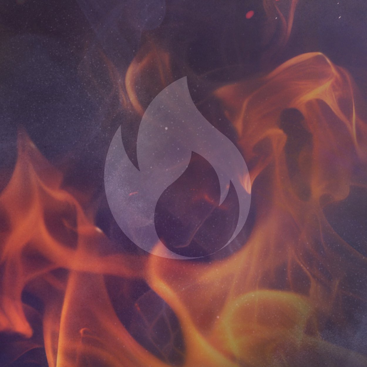 Abstrakter Hintergrund mit Flammen und Sternen, halbtransparentes Rauch- oder Feuer-Symbol in der Mitte