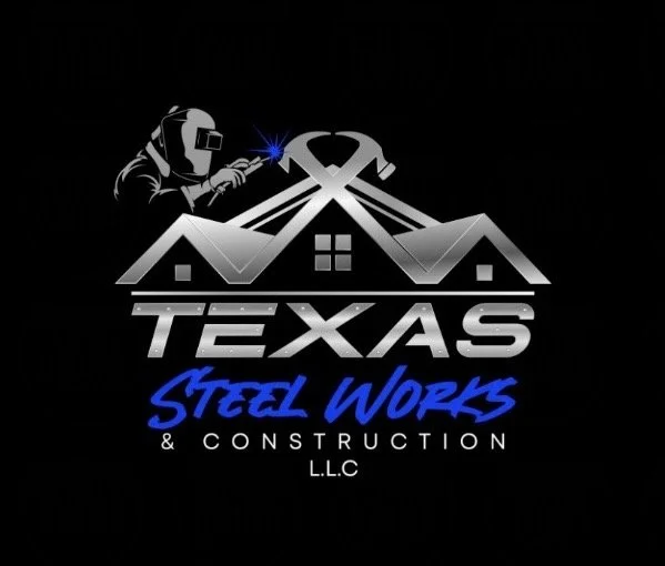 Logo for Texas Steel Works & Construction L.L.C. featuring a worker welding a roof, with the company name in metallic and blue text on a black background.