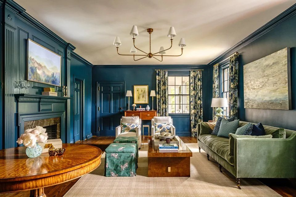 Robinhood living room project — blue interior design, Winston-Salem, NC