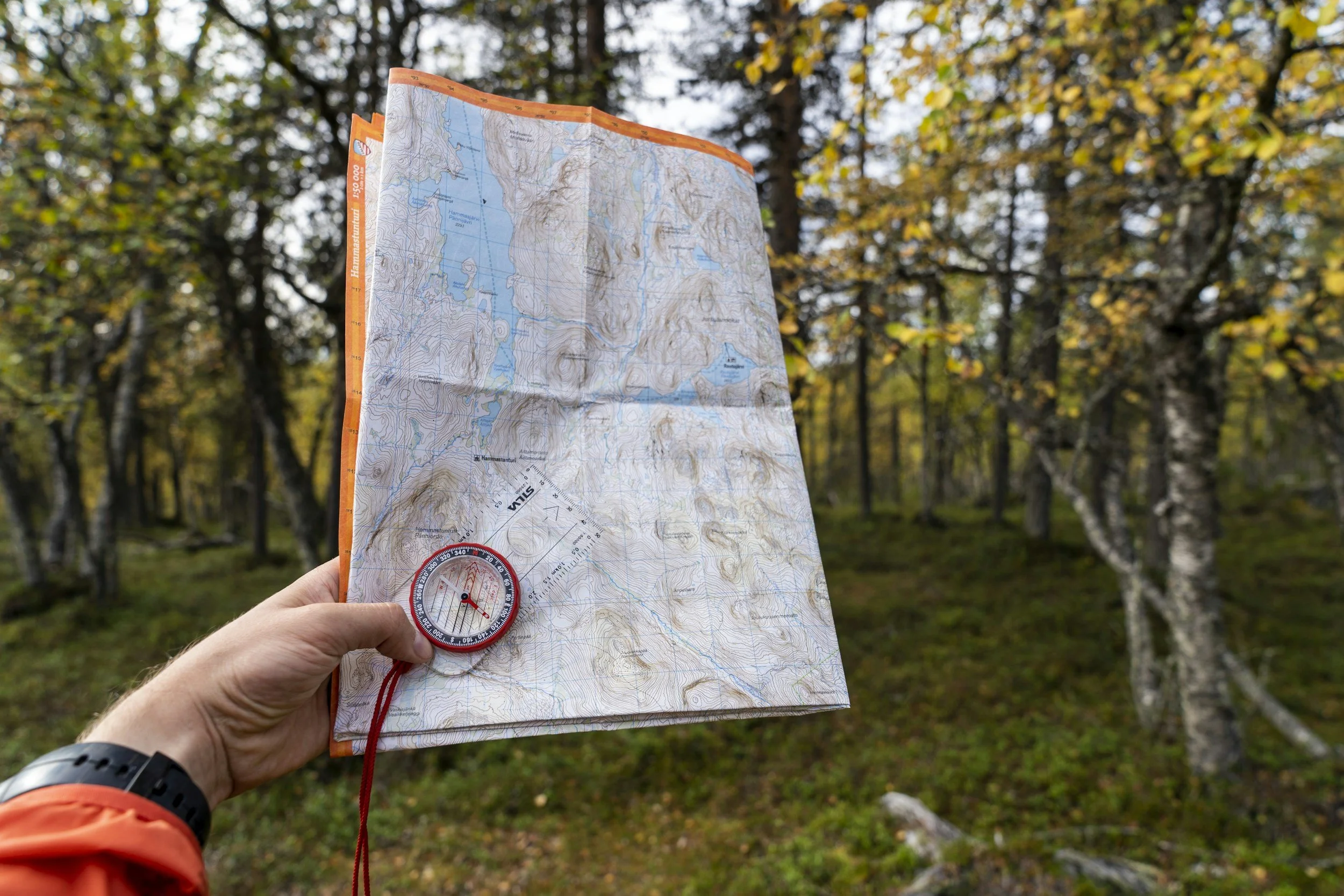 Person holding a topographical map with a compass in a forest with fall-colored leaves.