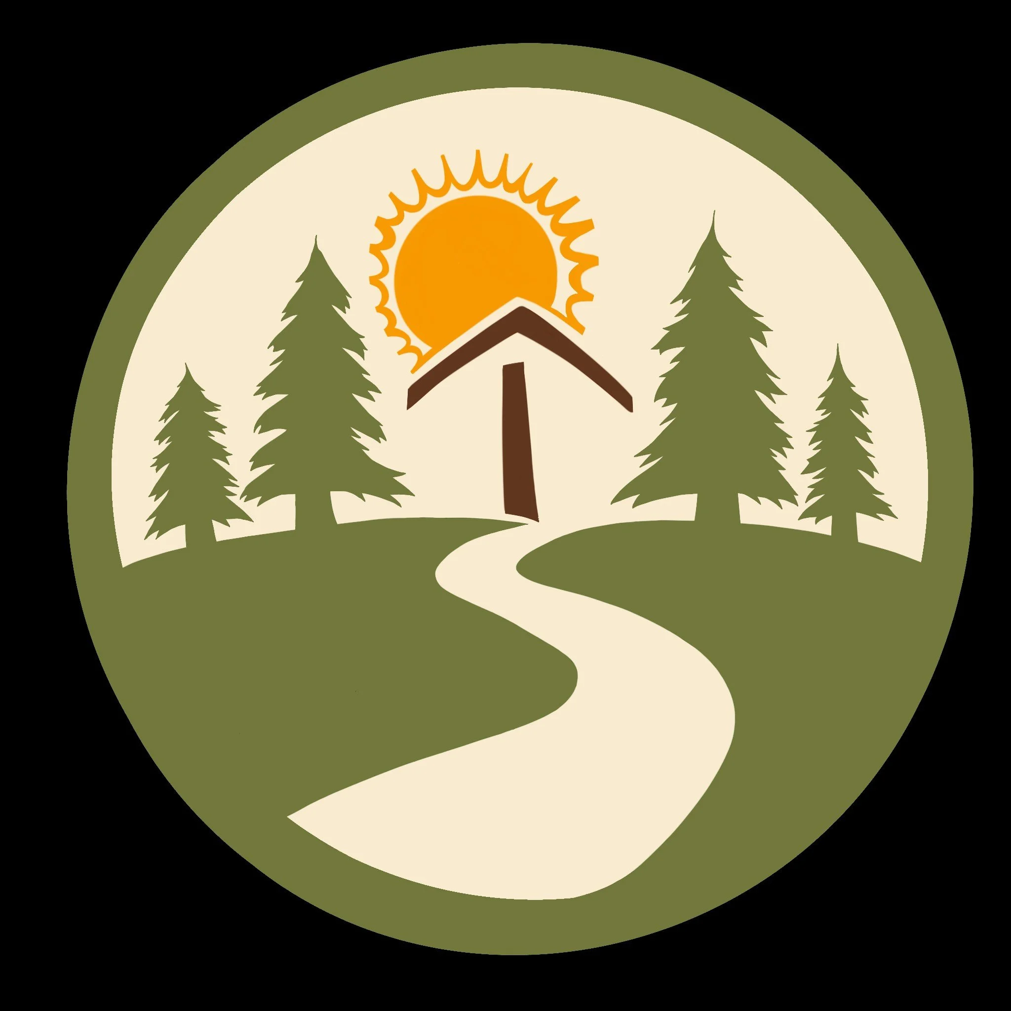 Illustration of a sun rising over a small house surrounded by pine trees, with a winding path leading to the house, set within a circular eco-friendly emblem.