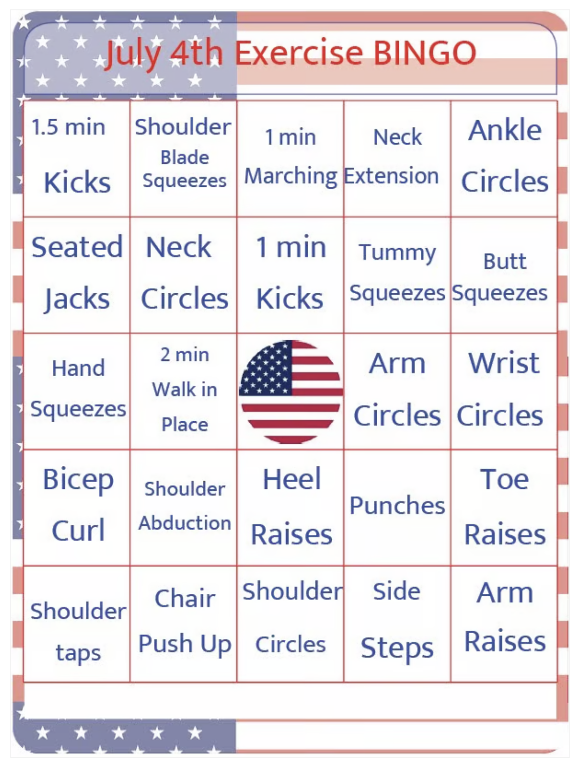 4th of July Exercise BINGO