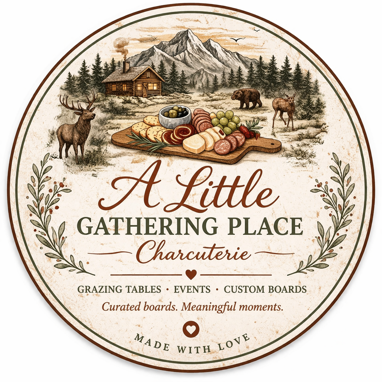 A circular label with a rustic design featuring a mountain cabin, mountains, and trees in the background, with a charcuterie board in the foreground containing cheese, meats, olives, and a strawberry. The text reads 'A Little Gathering Place Charcuterie,' and mentions grazing tables, events, and custom boards, with a heart symbol and the phrase 'Made with Love' at the bottom.