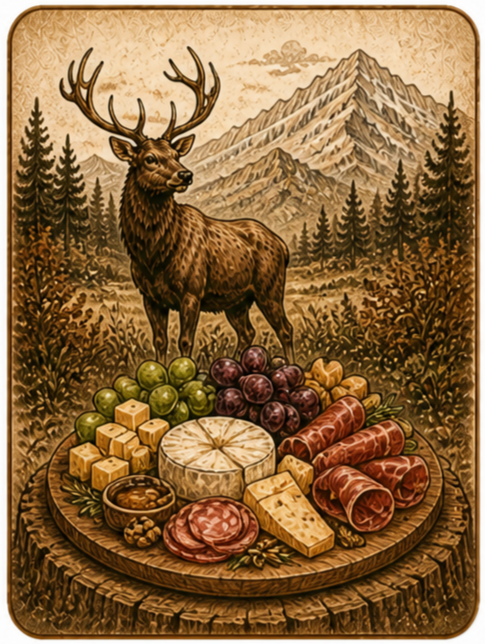 A cartoon-style image of a deer with large antlers standing in a forest with mountains in the background, placed behind a wooden platter of cheese, grapes, meat, and crackers.