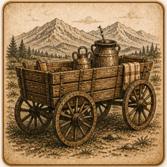 Illustration of an old wooden wagon with metal wheels, carrying antique metal pitchers and a large jug, set in a mountainous landscape with pine trees.