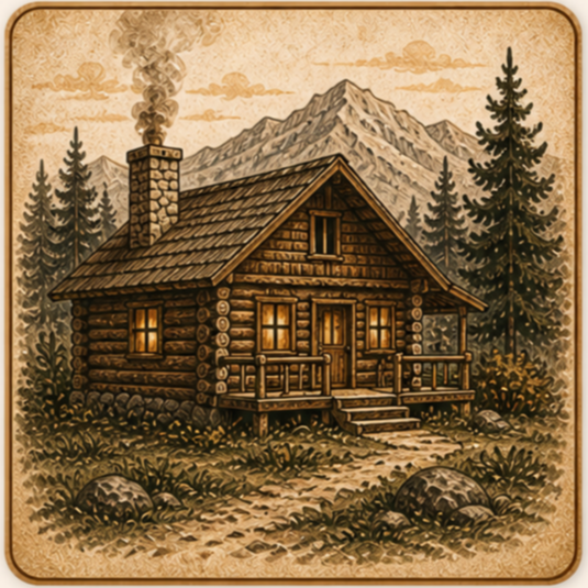 A rustic log cabin with a chimney emitting smoke, surrounded by pine trees and rocks, with mountains in the background, in a sepia-toned illustration style.