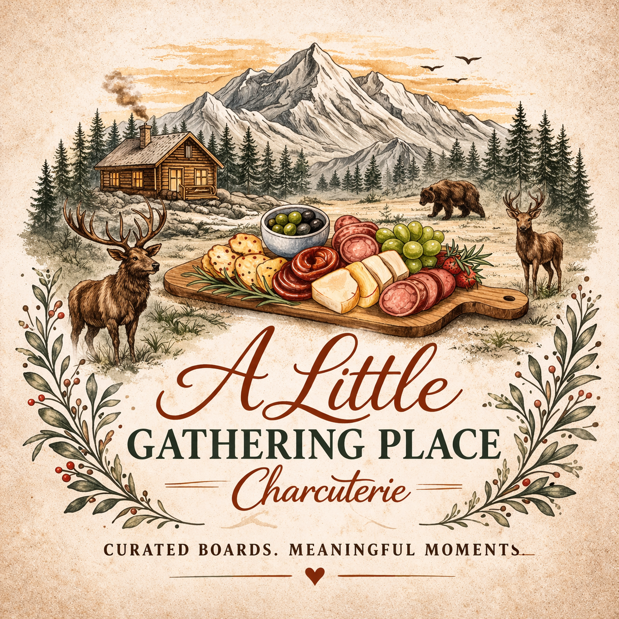 Illustration of a mountain landscape with a cabin, trees, mountain bears, and elk, centered around a charcuterie board with cheese, meats, crackers, olives, and grapes. Text reads 'A Little Gathering Place Charcuterie' with decorative foliage and a heart symbol.