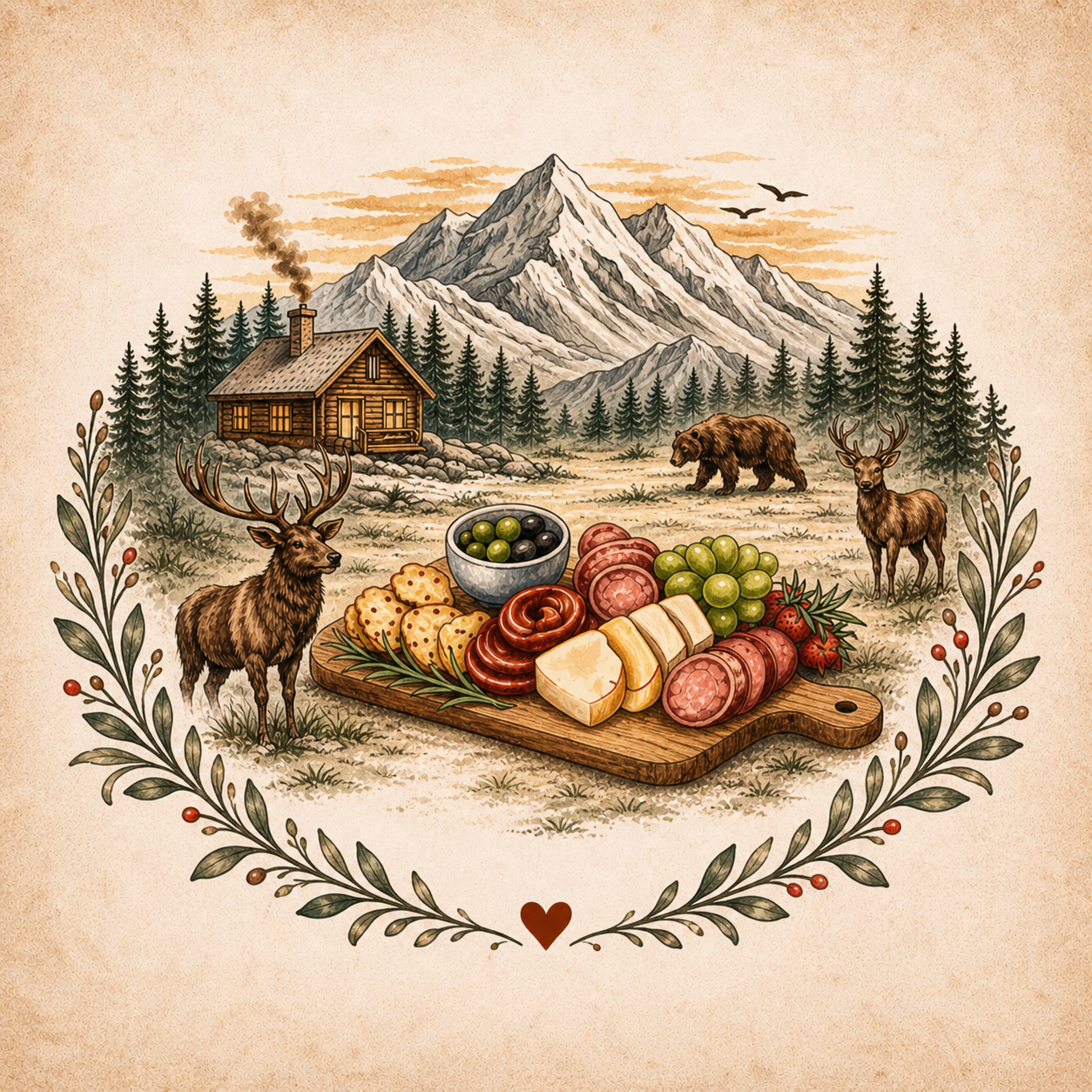 A scenic illustration of a mountain landscape with a wooden cabin, trees, and wildlife including a bear and two elk. In the foreground, there is a wooden board with assorted meats, cheeses, crackers, strawberries, and a bowl of olives, framed by a decorative branch border and a small heart at the bottom.
