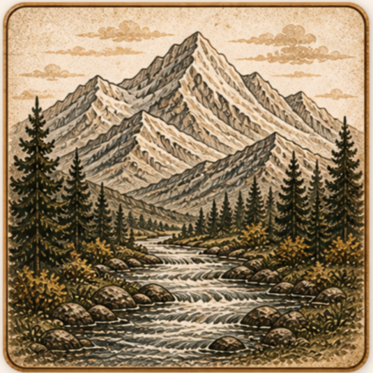 Illustration of a mountain range with trees and a flowing river in the foreground.