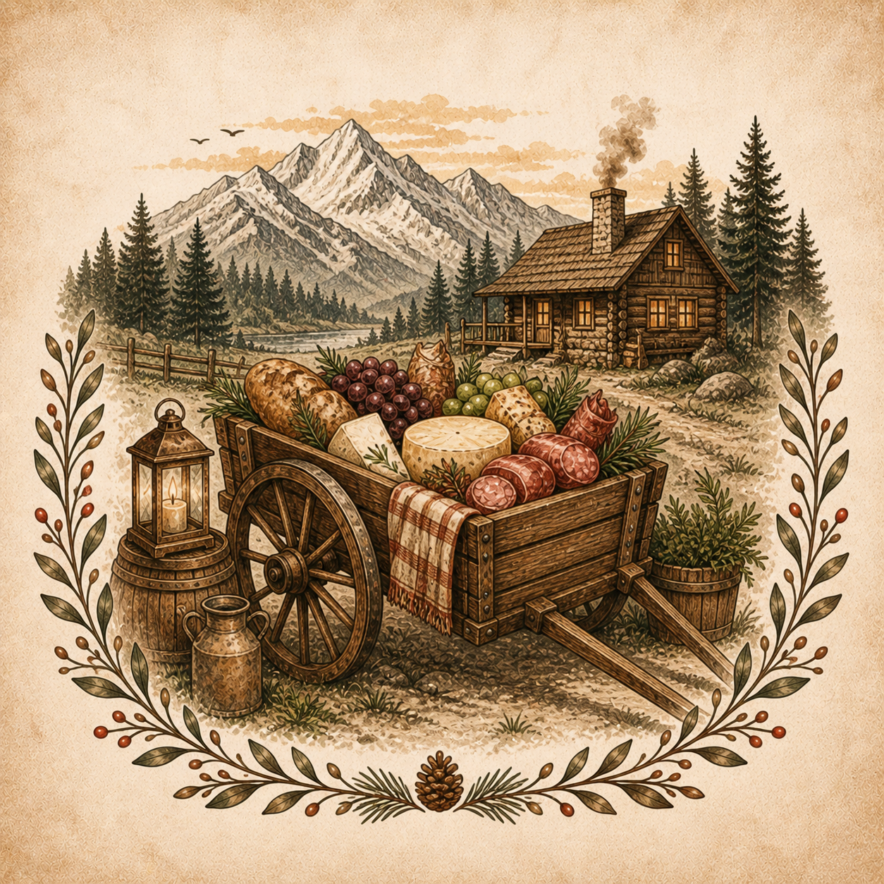 A wooden cart filled with various cheeses, meat, grapes, and herbs, set outdoors with a rustic cabin, mountain range, pine trees, and a decorative border of pine branches and berries.