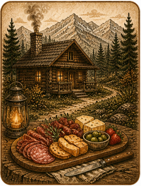 A rustic cabin surrounded by pine trees and mountains in the background, with a wooden table in the foreground holding meats, cheeses, strawberries, olives, and bread, and a lantern glowing beside it.