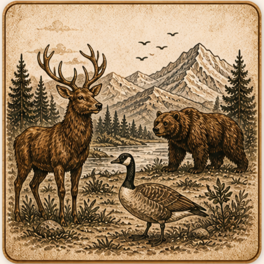Illustration of a wildlife scene with a deer, a bear, and a goose, with mountains, trees, and birds in the background.