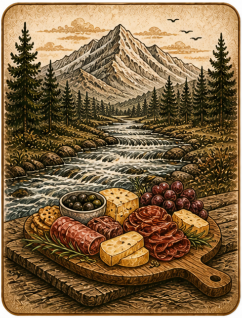 A scenic mountain landscape with a river and pine trees, featuring a wooden platter of cheese, cured meats, grapes, and black olives in the foreground.