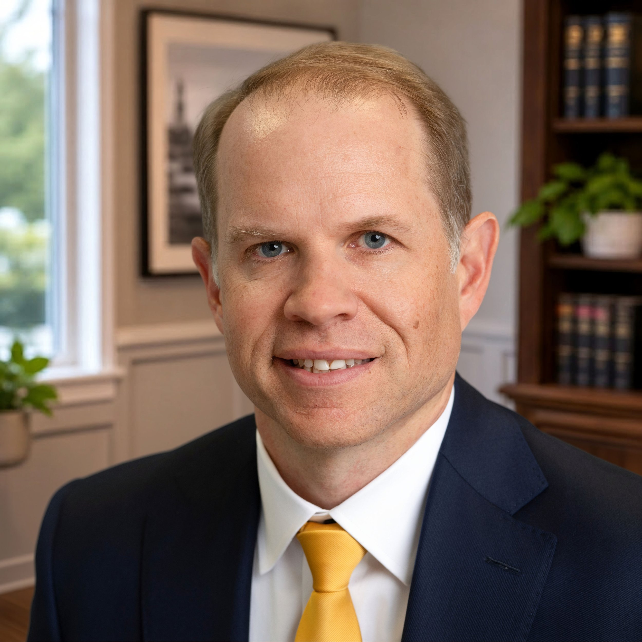 Close-up of a man wearing a dark suit, white shirt, and yellow tie, smiling in an indoor setting with bookshelf and window in the background.